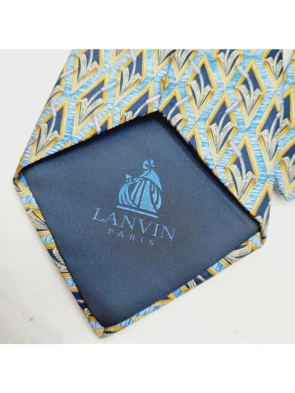 LANVIN Paris Necktie 100% Silk Made in France Blue and Gold Wheat Neck Tie
